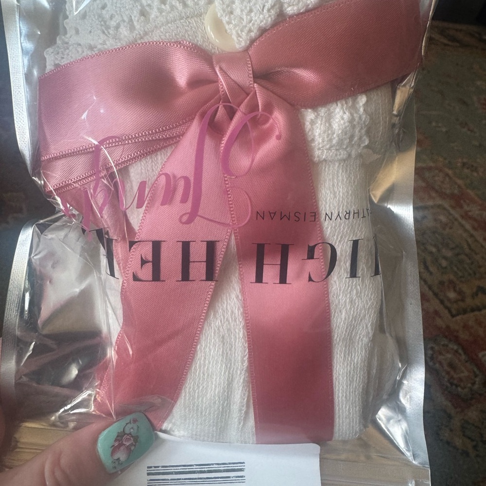 Free People New Cream Lace w Dusty Pink Bow Tall Cowboy Boot Cuff Novelty Socks